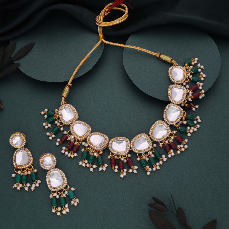 Tehzeeb Creations Gold-Polished Kundan Green & Maroon Colour Necklace With Earrings - Swadesiicart