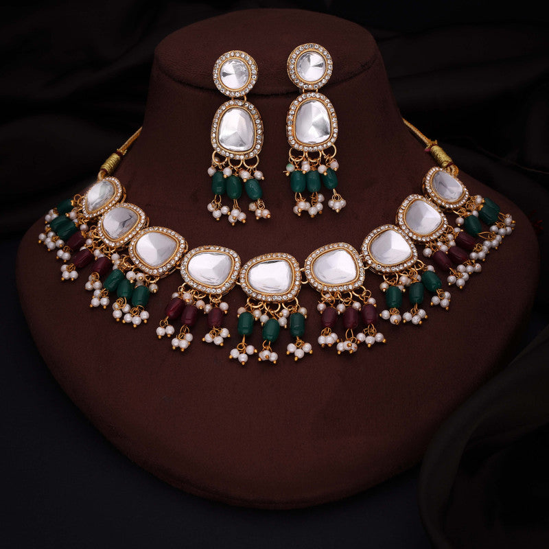 Tehzeeb Creations Gold-Polished Kundan Green & Maroon Colour Necklace With Earrings - Swadesiicart