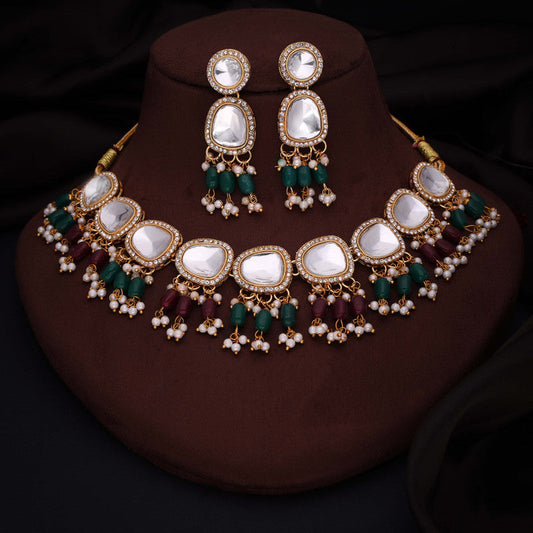 Tehzeeb Creations Gold-Polished Kundan Green & Maroon Colour Necklace With Earrings - Swadesiicart