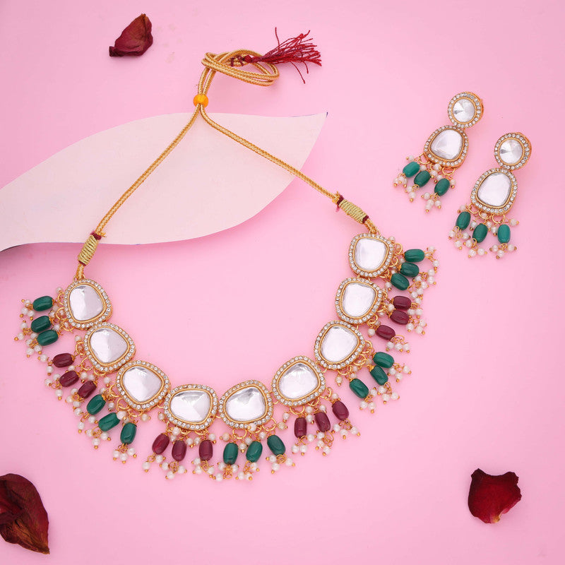 Tehzeeb Creations Gold-Polished Kundan Green & Maroon Colour Necklace With Earrings - Swadesiicart