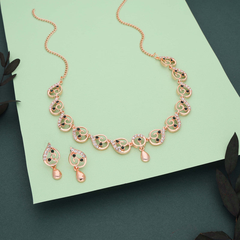 Tehzeeb Creations Brass Rose Gold-Polished Green Colour Necklace With Earrings - Swadesiicart
