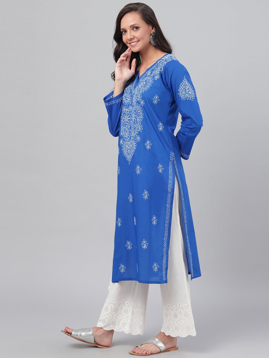 ADA Women Blue & White Chikankari Hand-Embroidered Straight Sustainable Handloom Kurta | Swadesiicart