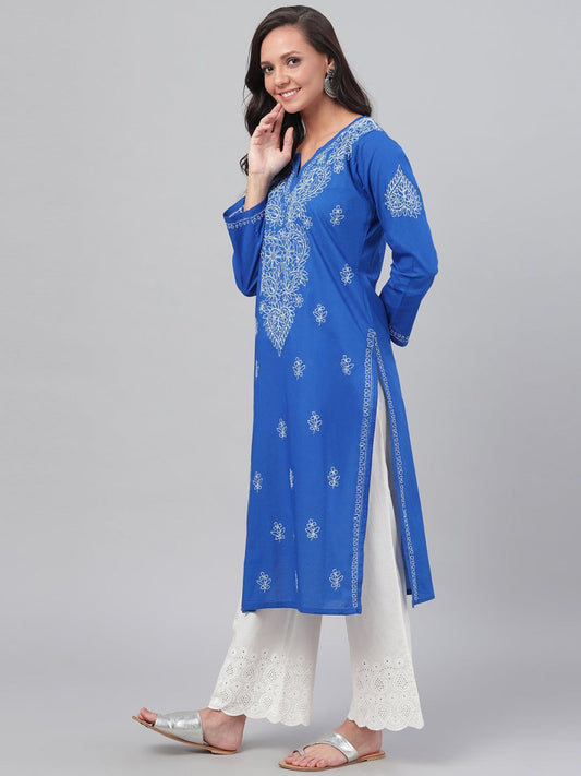 ADA Women Blue & White Chikankari Hand-Embroidered Straight Sustainable Handloom Kurta | Swadesiicart