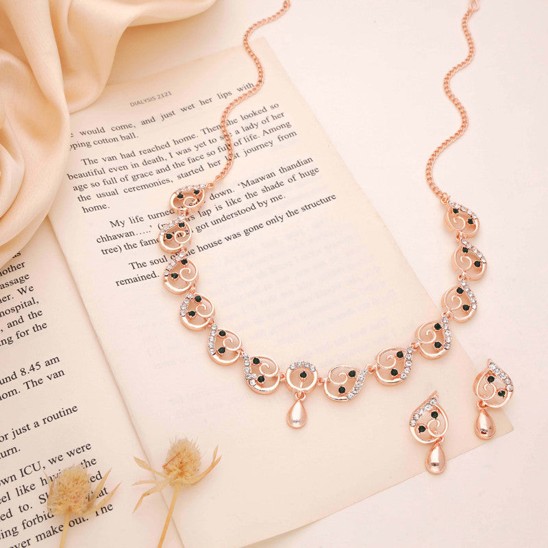 Tehzeeb Creations Brass Rose Gold-Polished Green Colour Necklace With Earrings - Swadesiicart