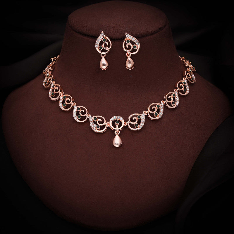 Tehzeeb Creations Brass Rose Gold-Polished Green Colour Necklace With Earrings - Swadesiicart