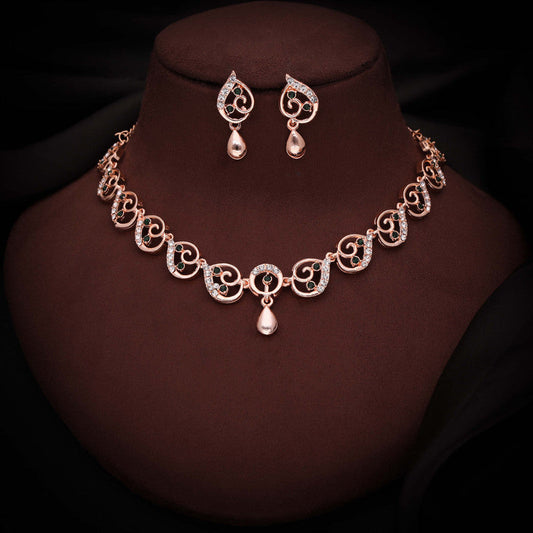 Tehzeeb Creations Brass Rose Gold-Polished Green Colour Necklace With Earrings - Swadesiicart