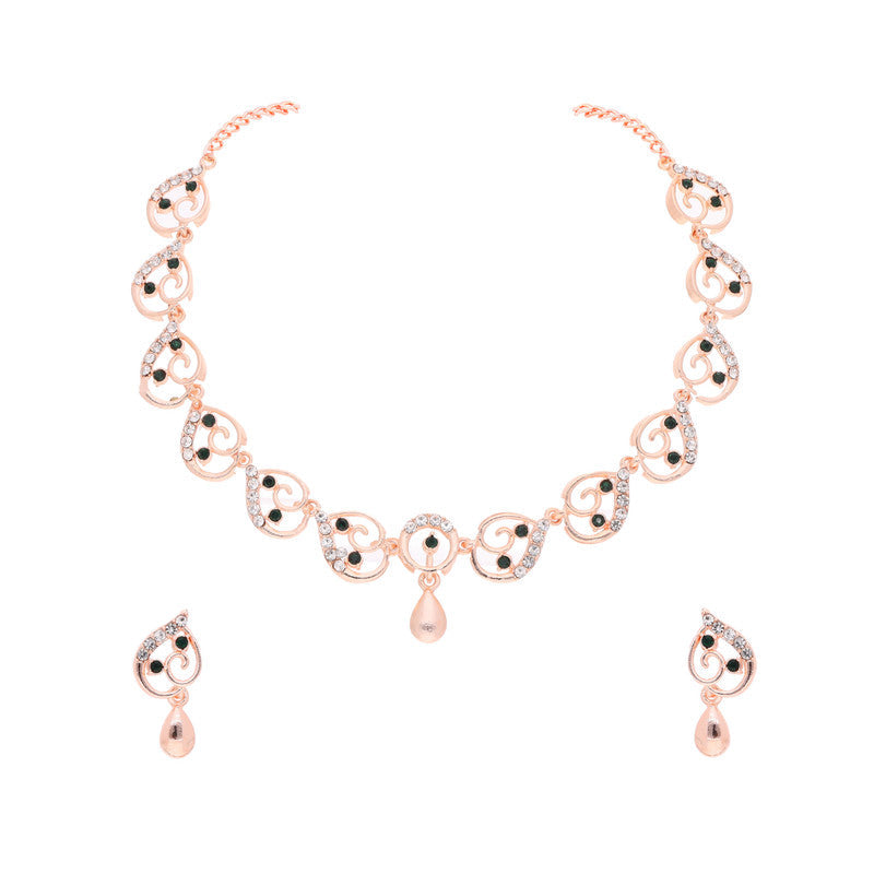 Tehzeeb Creations Brass Rose Gold-Polished Green Colour Necklace With Earrings - Swadesiicart