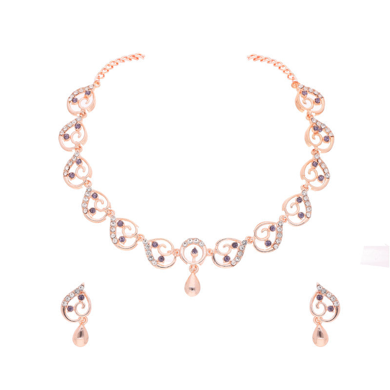 Tehzeeb Creations Brass Rose Gold-Polished Lavender Colour Necklace With Earrings - Swadesiicart