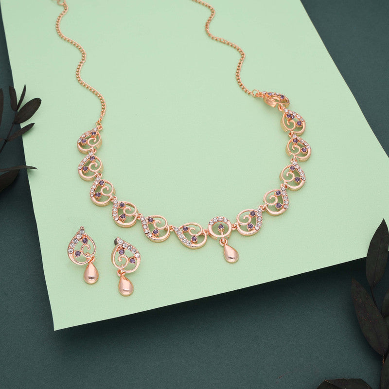 Tehzeeb Creations Brass Rose Gold-Polished Lavender Colour Necklace With Earrings - Swadesiicart