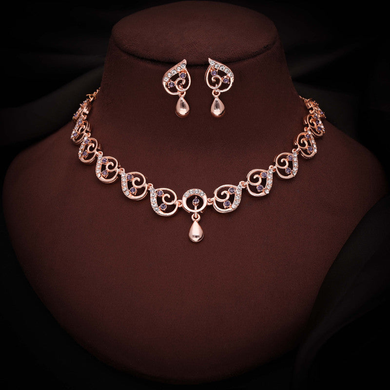Tehzeeb Creations Brass Rose Gold-Polished Lavender Colour Necklace With Earrings - Swadesiicart