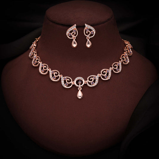 Tehzeeb Creations Brass Rose Gold-Polished Lavender Colour Necklace With Earrings - Swadesiicart