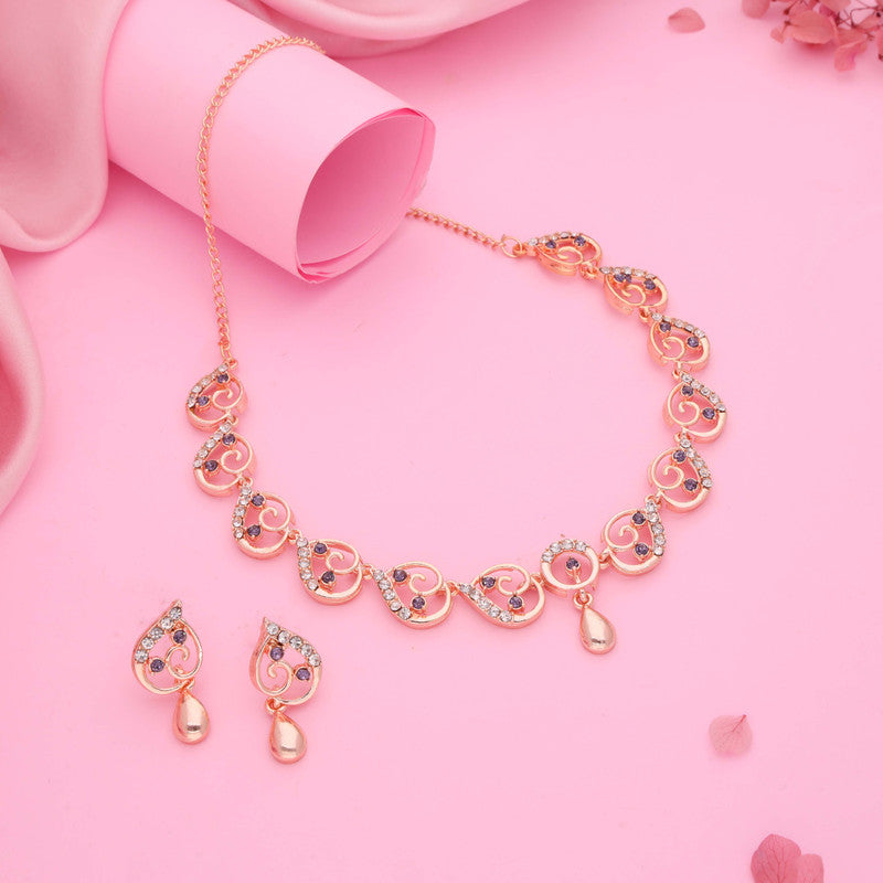 Tehzeeb Creations Brass Rose Gold-Polished Lavender Colour Necklace With Earrings - Swadesiicart