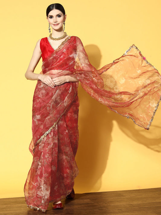 Tikhi Imli Red Floral Sequinned Organza Saree | Swadesiicart