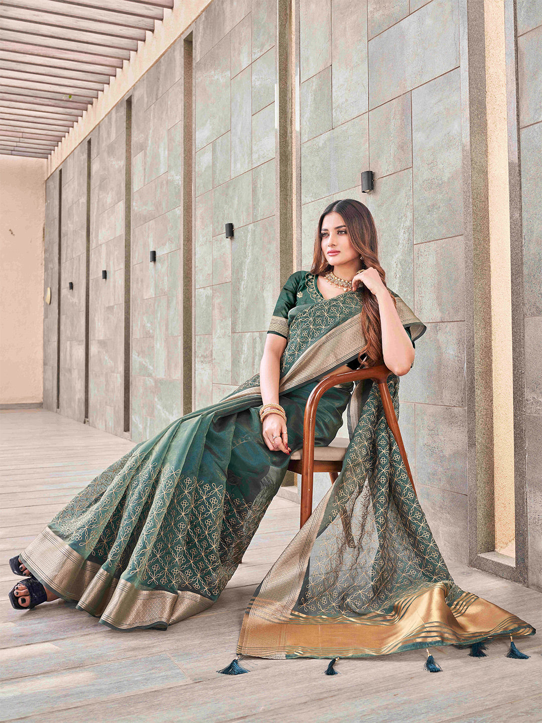 Tikhi Imli Olive Floral Embroidered Zari Organza Saree | Swadesiicart