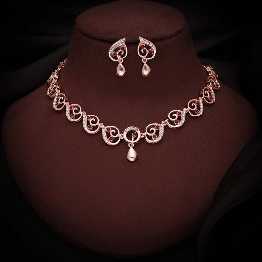 Tehzeeb Creations Brass Rose Gold-Polished Maroon Colour Necklace With Earrings - Swadesiicart