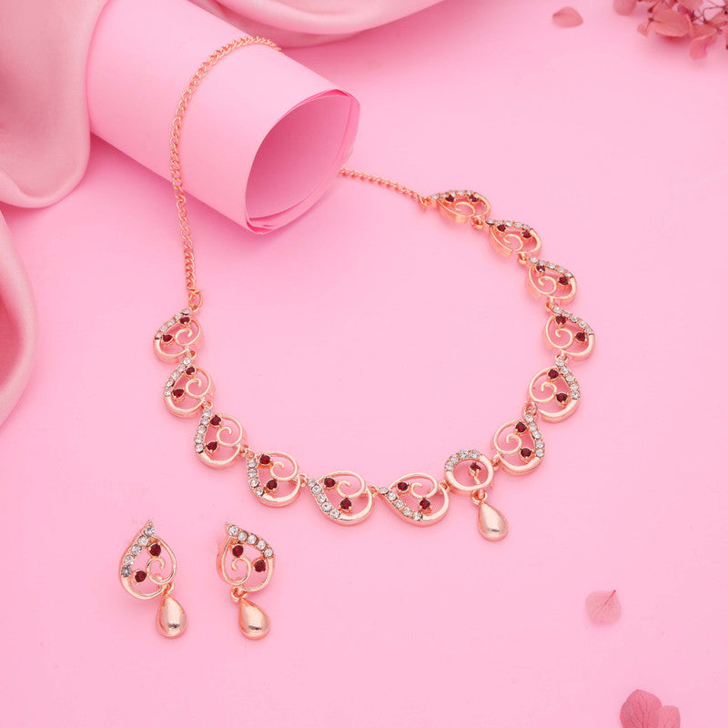 Tehzeeb Creations Brass Rose Gold-Polished Maroon Colour Necklace With Earrings - Swadesiicart
