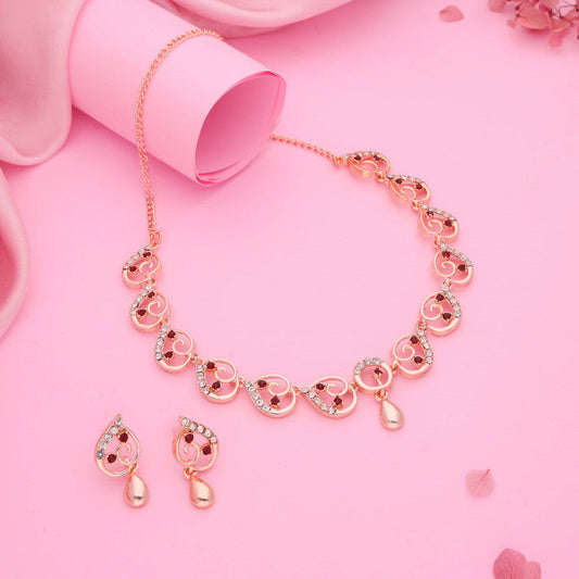 Tehzeeb Creations Brass Rose Gold-Polished Maroon Colour Necklace With Earrings - Swadesiicart