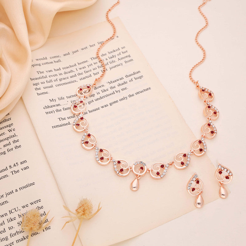 Tehzeeb Creations Brass Rose Gold-Polished Maroon Colour Necklace With Earrings - Swadesiicart