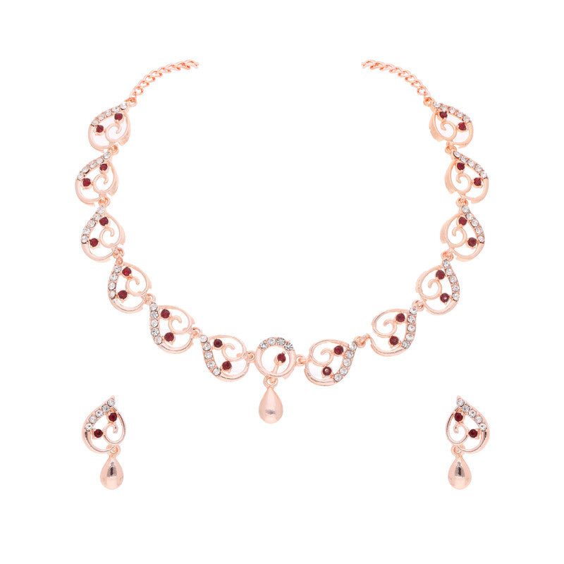 Tehzeeb Creations Brass Rose Gold-Polished Maroon Colour Necklace With Earrings - Swadesiicart