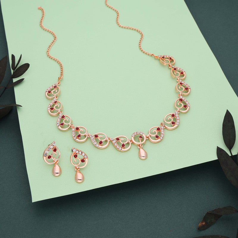 Tehzeeb Creations Brass Rose Gold-Polished Maroon Colour Necklace With Earrings - Swadesiicart