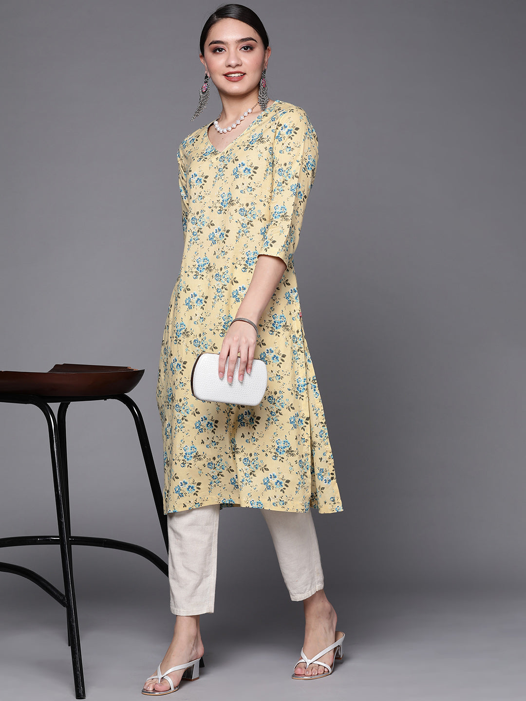 Biba Women Cream-Coloured & Blue Pure Cotton Floral Print Straight Kurta - Swadesiicart