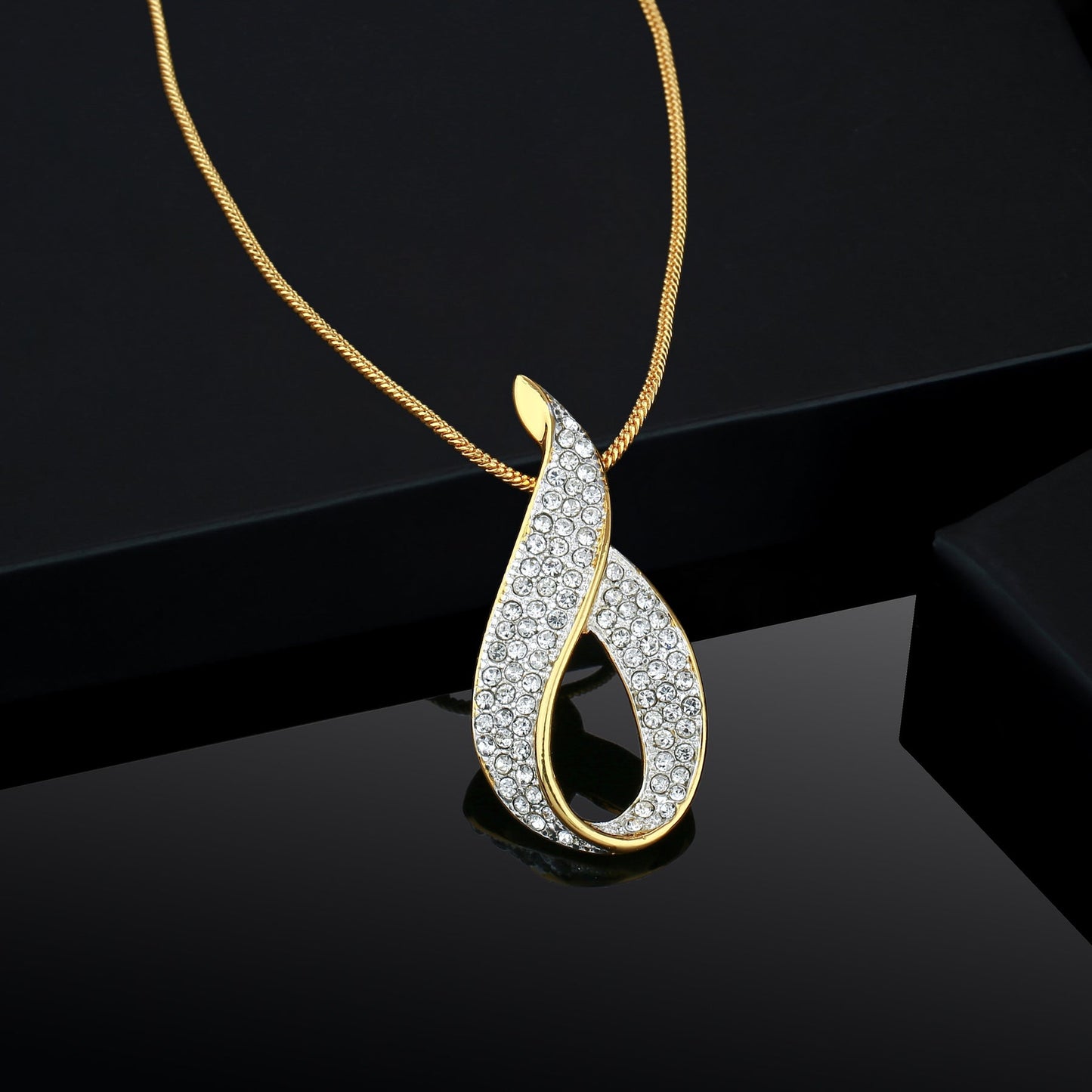 Estele Gold-Polished White Crystals Enhanced Oval Designer Charm Pendant Necklace with Chain for Women / Girls | Swadesiicart