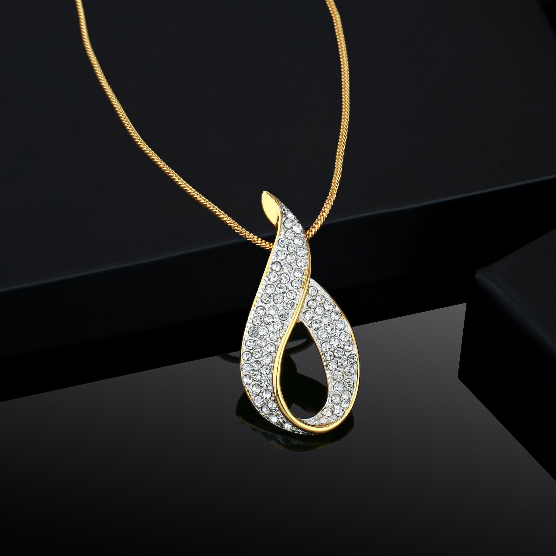 Estele Gold-Polished White Crystals Enhanced Oval Designer Charm Pendant Necklace with Chain for Women / Girls | Swadesiicart