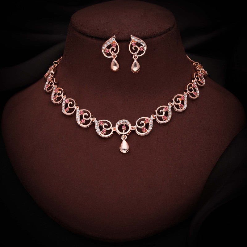 Tehzeeb Creations Brass Rose Gold-Polished Pink Colour Necklace With Earrings - Swadesiicart