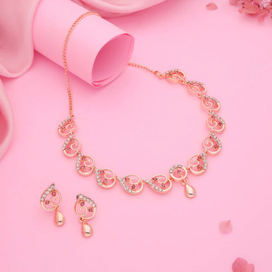 Tehzeeb Creations Brass Rose Gold-Polished Pink Colour Necklace With Earrings - Swadesiicart