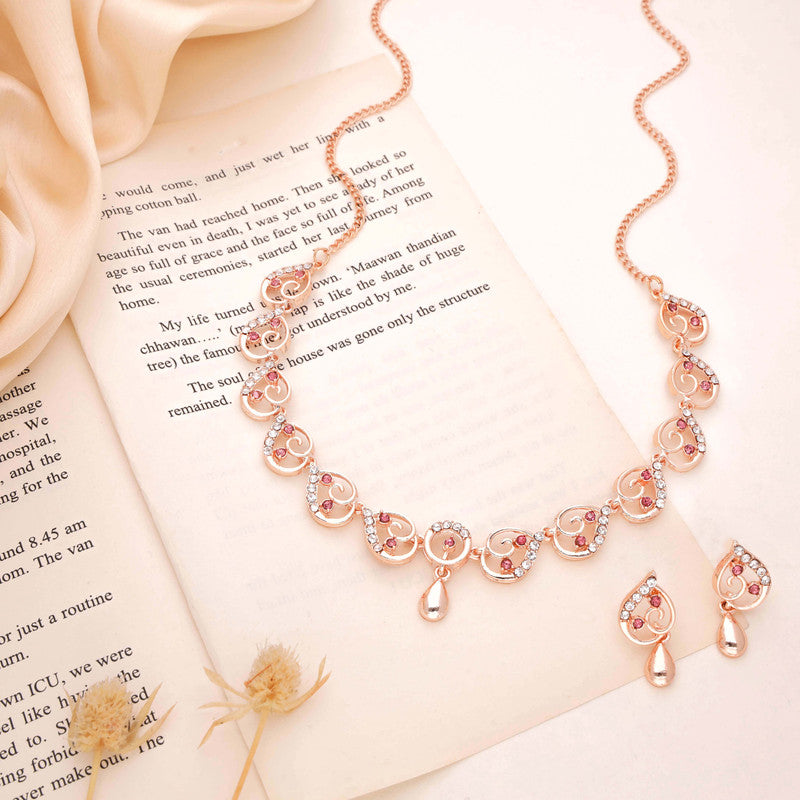 Tehzeeb Creations Brass Rose Gold-Polished Pink Colour Necklace With Earrings - Swadesiicart