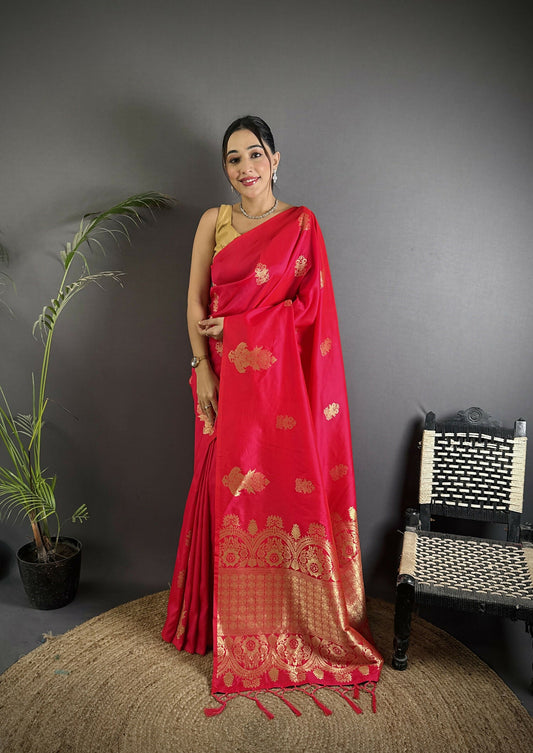 Joban Fashion Red Banarasi Lichi Silk Gold Zari Meena Saree | Swadesiicart