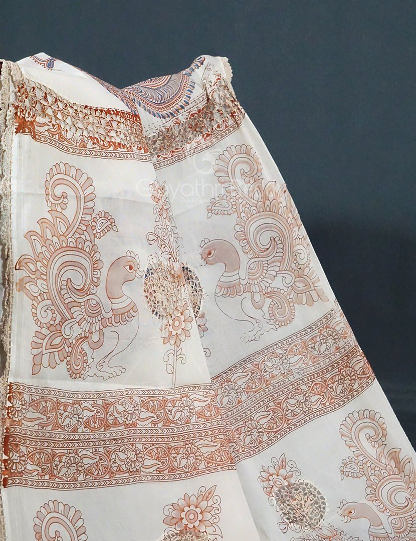 Cream Colour Peacock Block Print Crocia Mulmul Cotton Saree By Gayathri Reddy Designer Studio | Swadesiicart