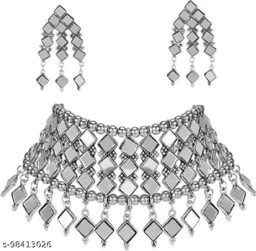 Tehzeeb Creations Women's Silver Colour Oxidised Necklace,Earrings And Bangle In Mirror Design - Swadesiicart