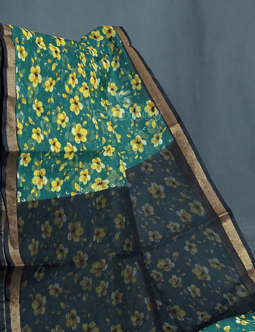 Peacock Green Colour Block Print Pure Kota Cotton Saree By Gayathri Reddy Designer Studio | Swadesiicart
