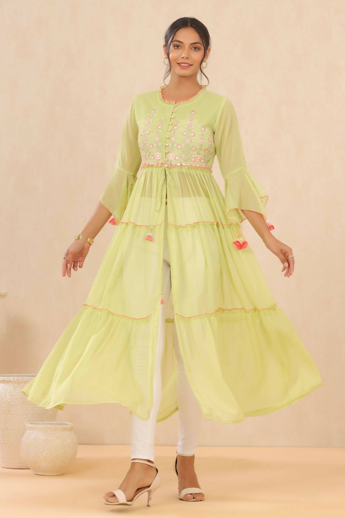 Juniper Women Green Chiffon Embroidered Tiered Kurta | Swadesiicart