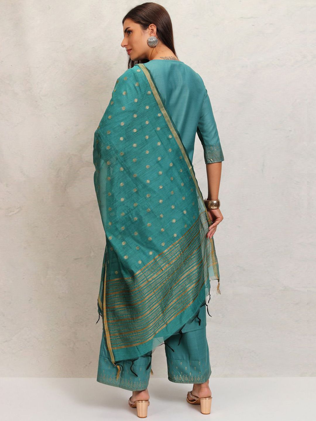 Vishudh Ethnic Motifs Printed Keyhole Neck Straight Kurta With Palazzos & Dupatta - Swadesiicart