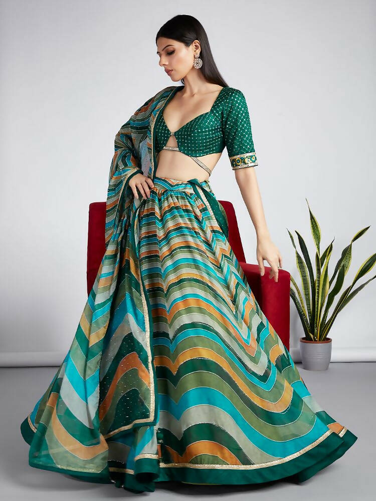 House of Panchhi Green Organza Siroski Stone Work Leheriya Print Lehenga Choli & Dupatta | Swadesiicart