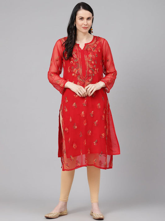 ADA Women Red & Yellow Sheer Chikankari Embroidered Straight Sustainable Handloom Kurta with Inner | Swadesiicart