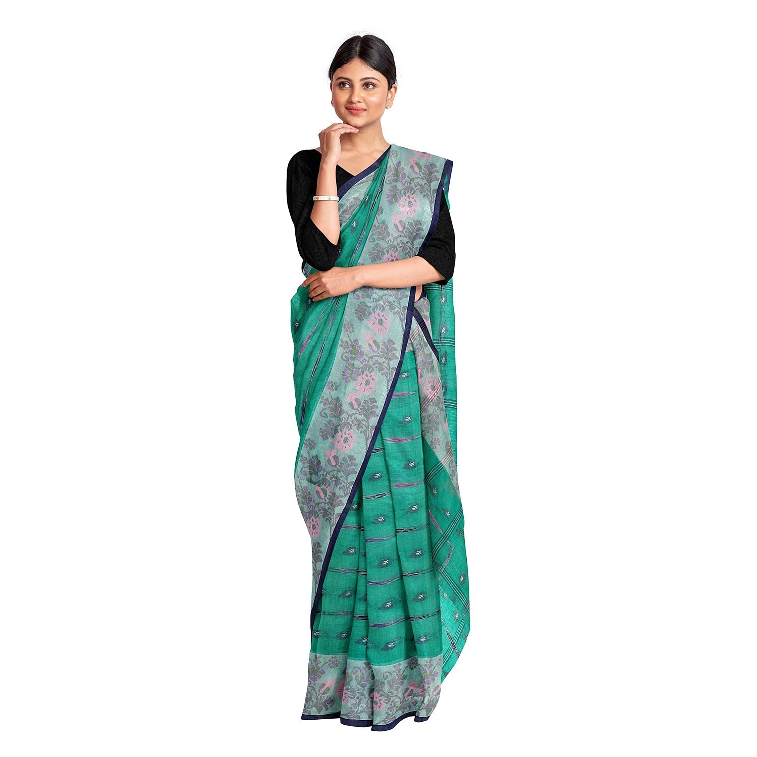 Exclusive Collection 100% Pure Cotton Green Tant Saree With Hand Weaving Work - Swadesiicart