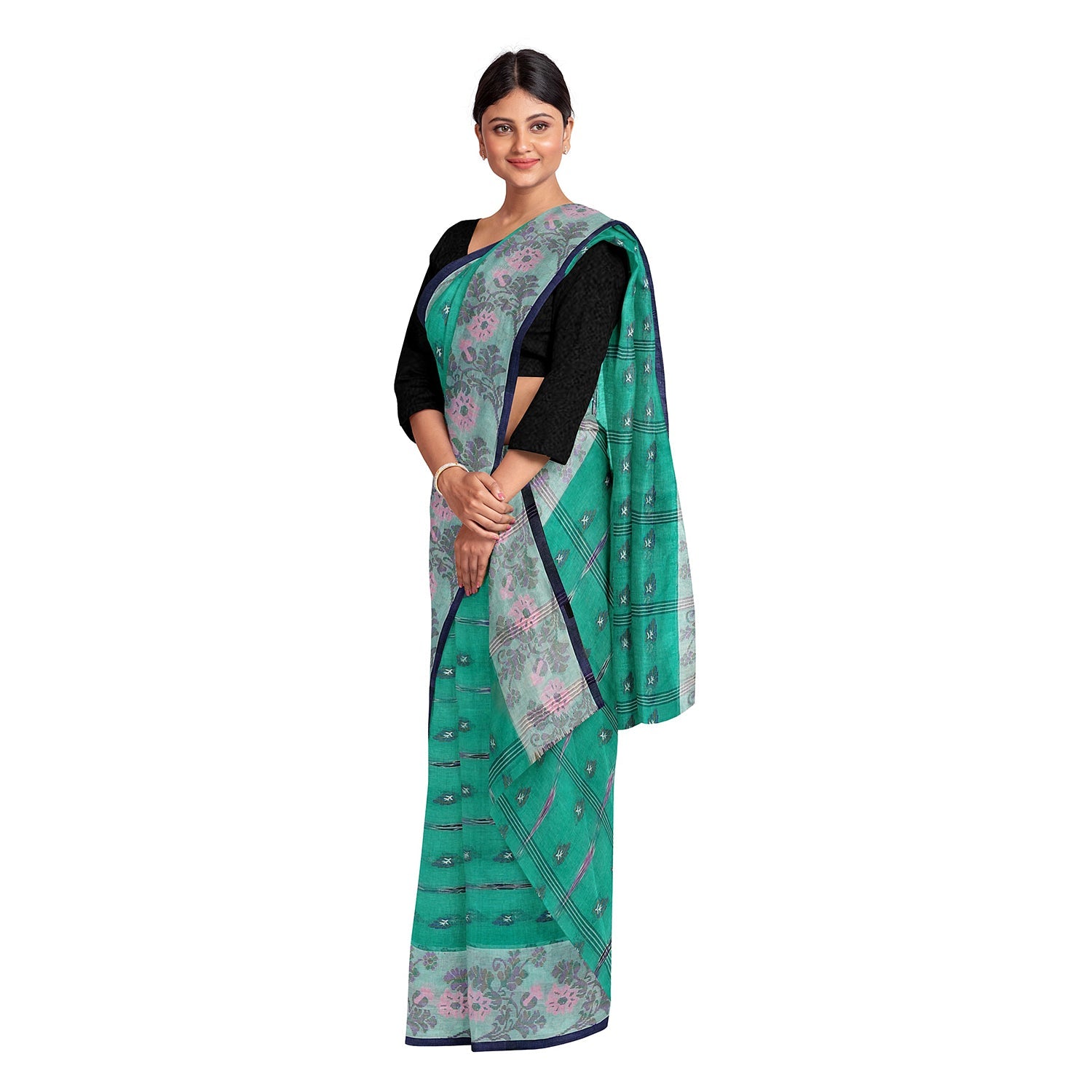 Exclusive Collection 100% Pure Cotton Green Tant Saree With Hand Weaving Work - Swadesiicart