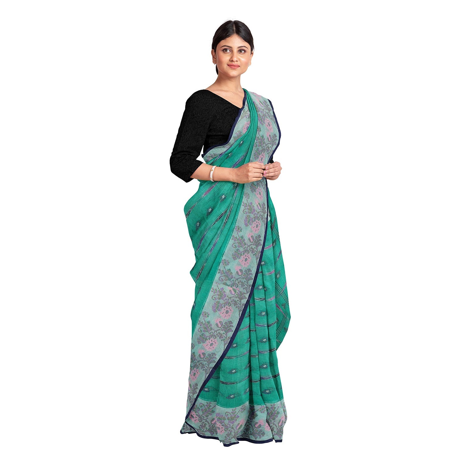Exclusive Collection 100% Pure Cotton Green Tant Saree With Hand Weaving Work - Swadesiicart