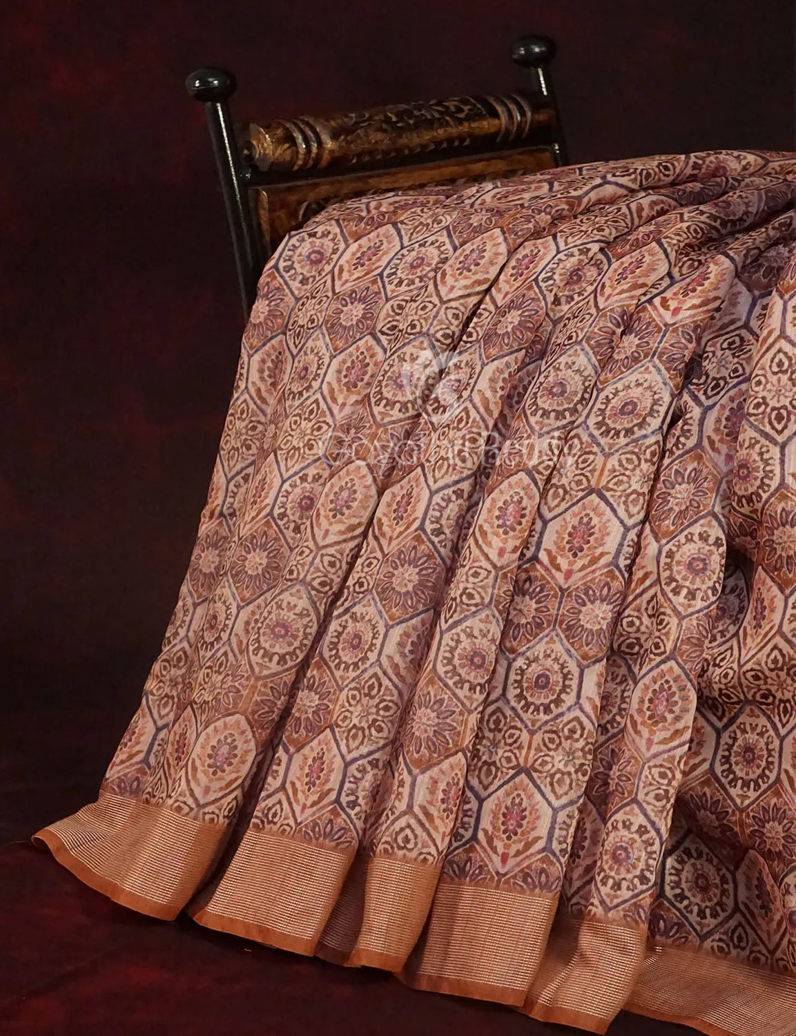 Wheat Colour All Over Print Semi Chanderi Saree By Gayathri Reddy Designer Studio | Swadesiicart