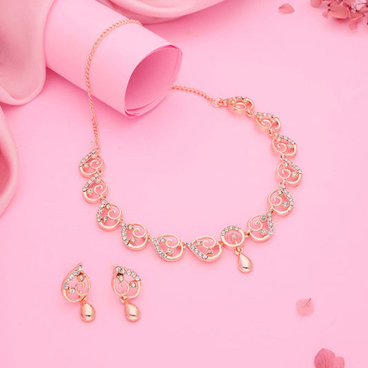 Tehzeeb Creations Brass Rose Gold-Polished White Colour Necklace With Earrings - Swadesiicart