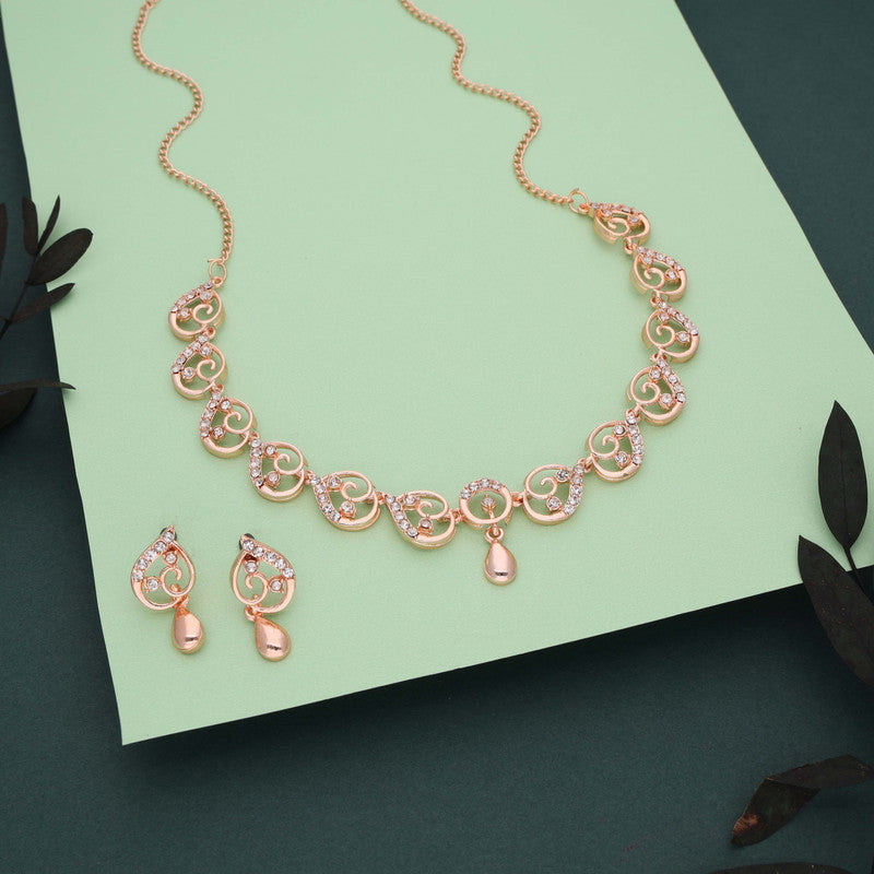 Tehzeeb Creations Brass Rose Gold-Polished White Colour Necklace With Earrings - Swadesiicart