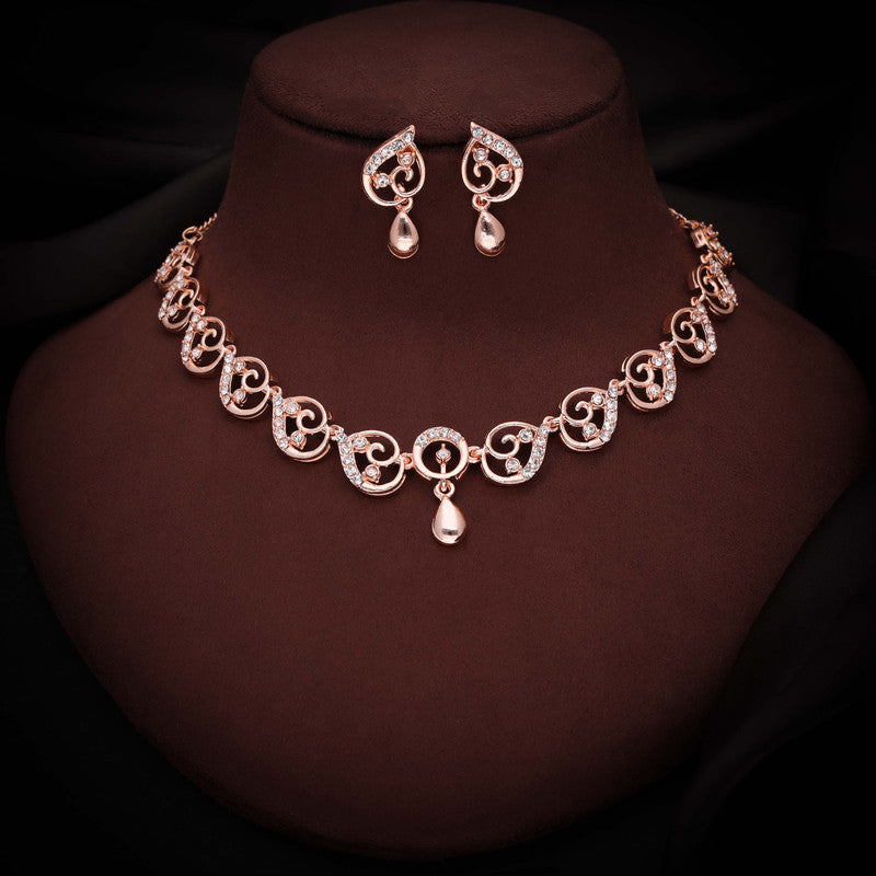 Tehzeeb Creations Brass Rose Gold-Polished White Colour Necklace With Earrings - Swadesiicart