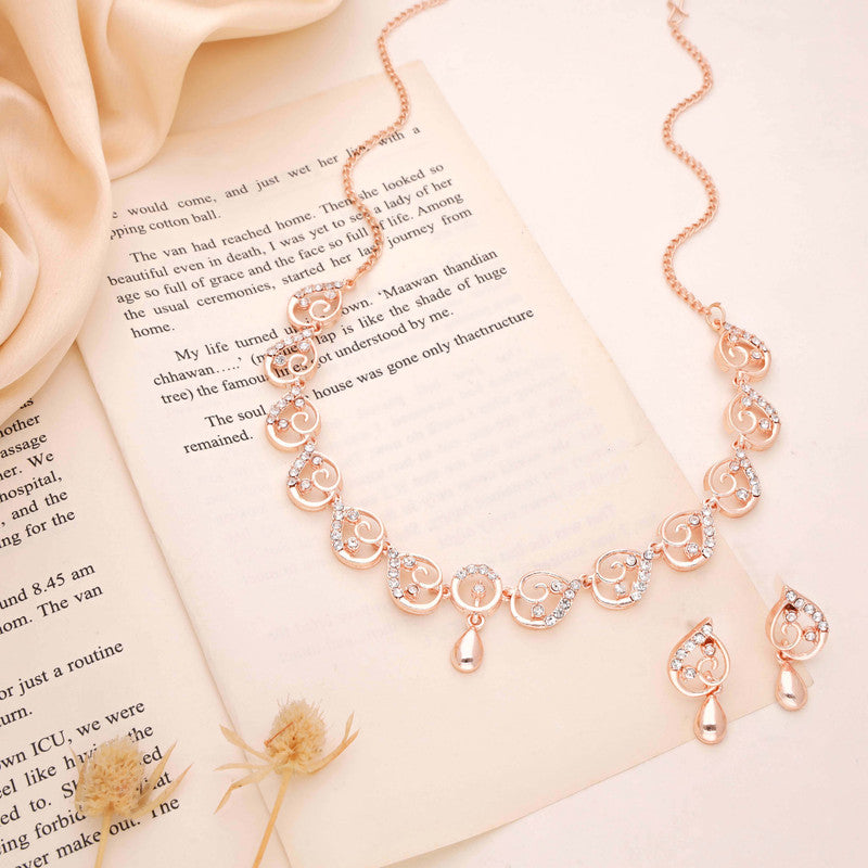 Tehzeeb Creations Brass Rose Gold-Polished White Colour Necklace With Earrings - Swadesiicart