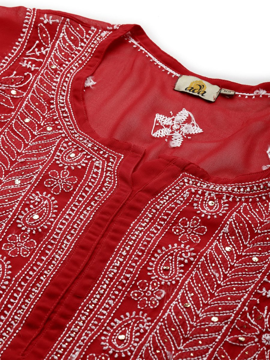 ADA Women Red & White Hand Embroidered Chikankari Sustainable Handloom Kurta With Matching Slip | Swadesiicart