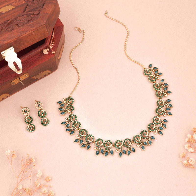 Tehzeeb Creations Gold Pleate Green Colour Choker Set - Swadesiicart