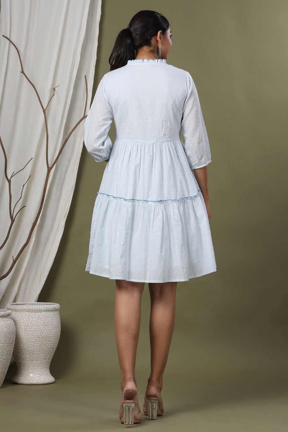 Juniper Sky Blue Swiss Dot Festive Embroidered Tiered Dress For Women | Swadesiicart