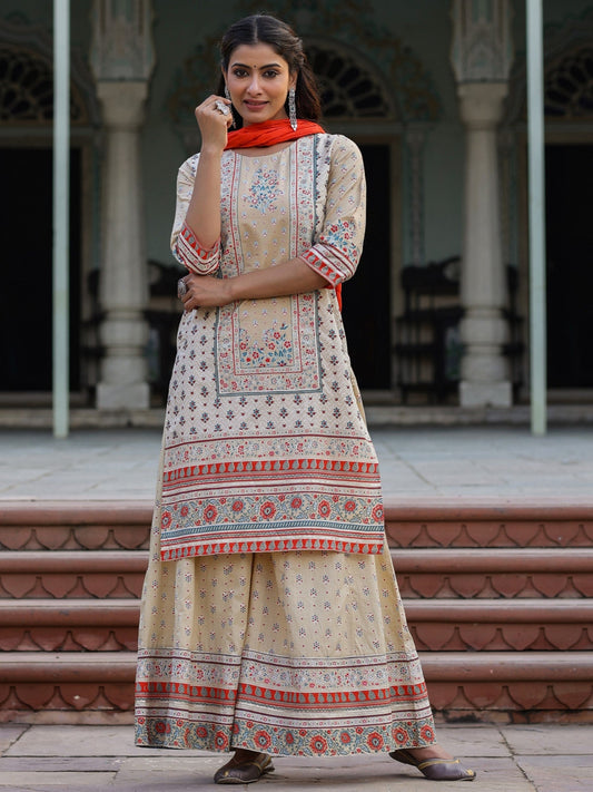 Juniper Women Beige Cotton Cambric Printed Kurta, Sharara & Dupatta Set | Swadesiicart